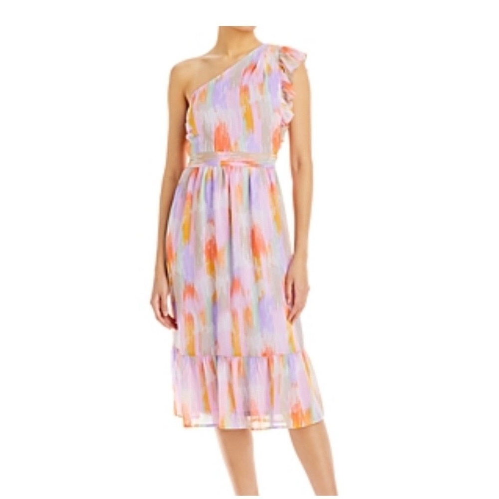 AQUA One Shoulder Ruffle Midi Dress Pink Multi pastel brushstroke Abstract Ikat